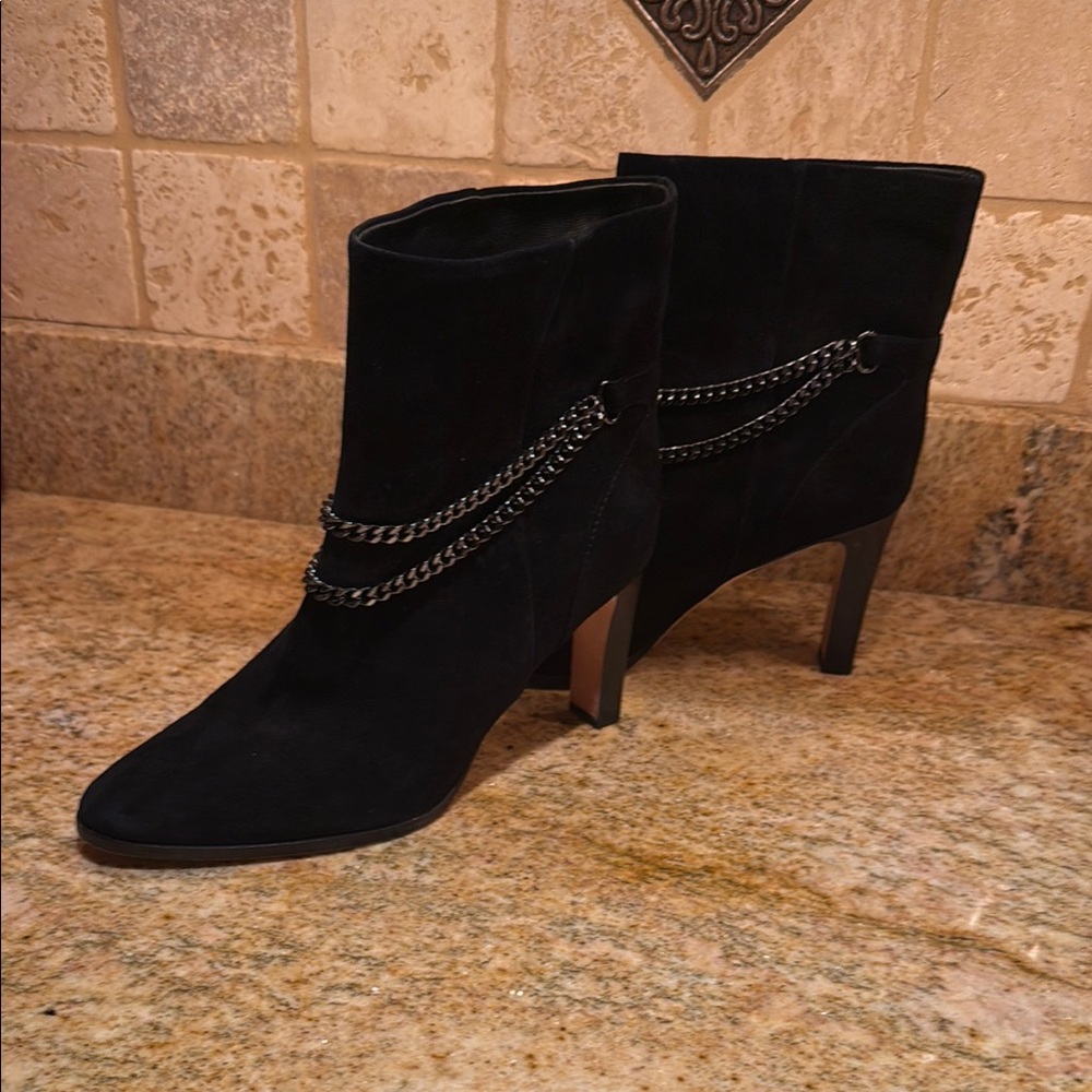 PAIGE Black Heeled Boots with Chain Detail, size 10